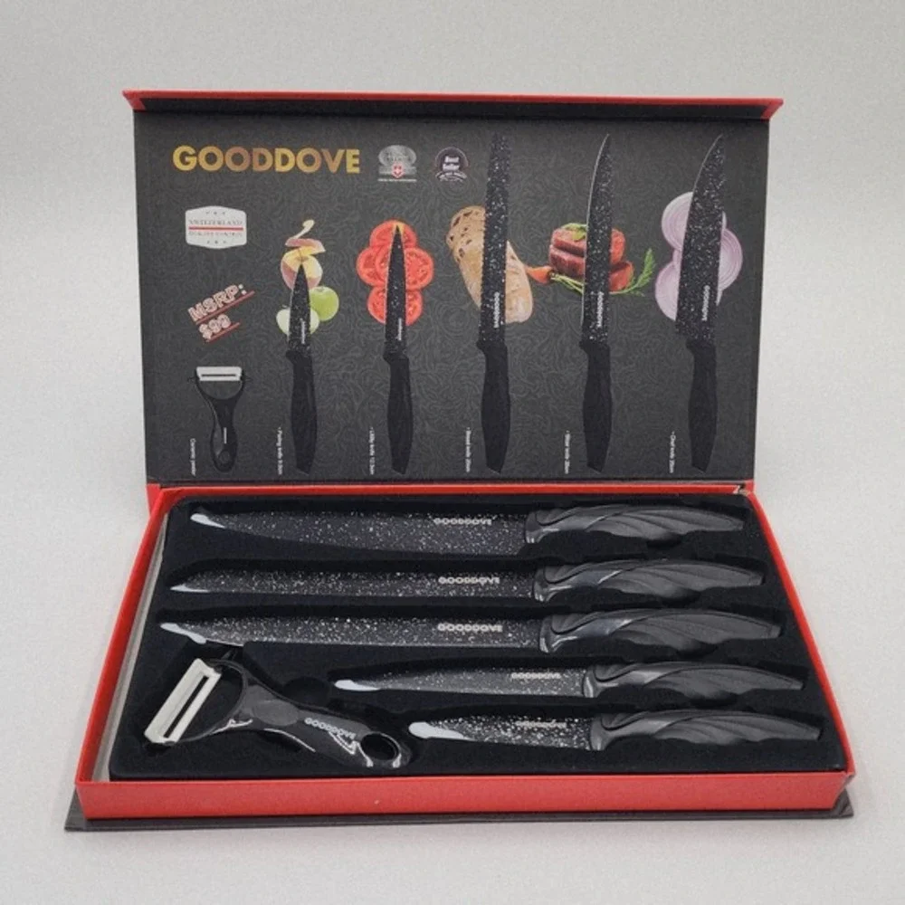 Gooddove SG-9200 Kitchen Knife Set Black 6 Piece Antibacterial‎ Swiss Gold New